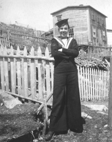 039: Marg Ryan dressed in her brother Pat's military uniform. (circa 1943) [courtesy of Marg (Ryan) Martin]  - daughter of Denis Ryan &amp;amp; Mae Dunphy.